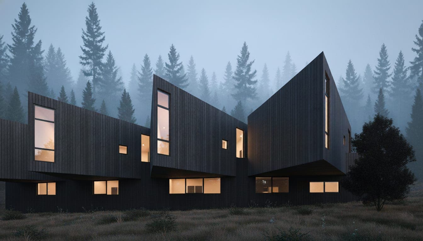 Forest Edge Resort. Charred-timber cabins with sculpted rooflines, glowing quietly at the edge of a pine forest.