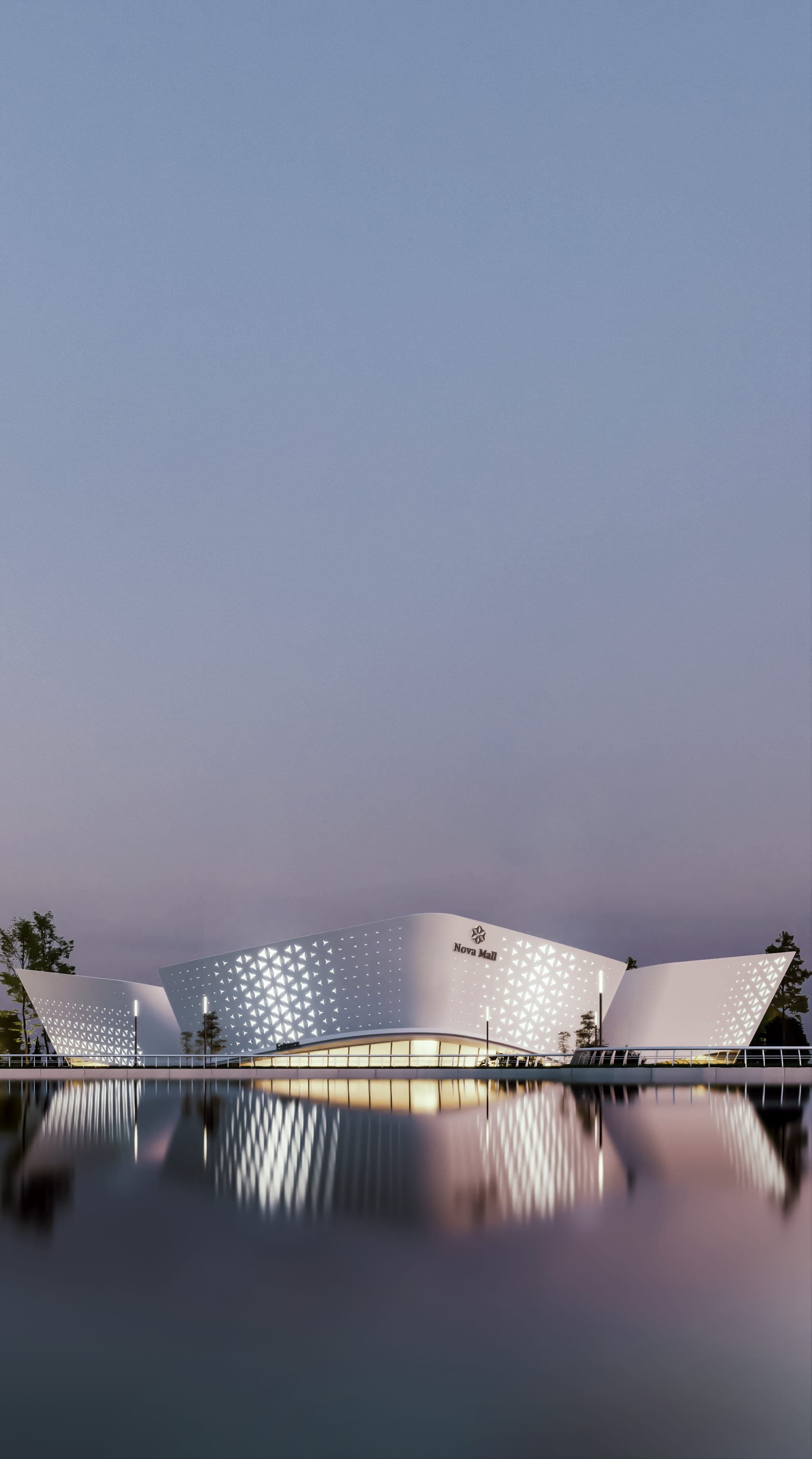 Nova Mall. A lakeside retail destination whose perforated geometric facade turns the building into a luminous landmark after dark.